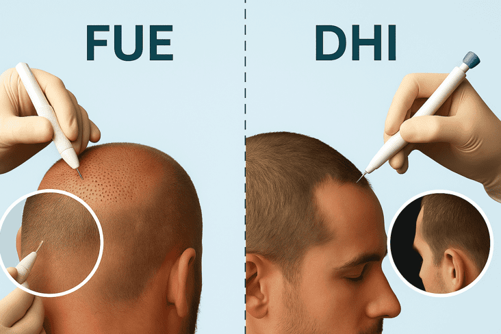 مقارنة بين تقنية FUE وتقنية DHI. في الجانب الأيسر، تُظهر الصورة استخدام أداة خاصة لاستخراج البصيلات واحدة تلو الأخرى في تقنية FUE، مع توضيح منطقة الزراعة ذات الثقوب الدقيقة. أما في الجانب الأيمن، فتُبرز تقنية DHI باستخدام قلم تشوي (Choi Pen) لزراعة البصيلات مباشرة دون الحاجة لشقوق مسبقة. هذه المقارنة المرئية توضح الفرق في الأدوات