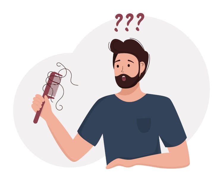Mann mit Haarausfall hat Kamm mit Haaren in der Hand