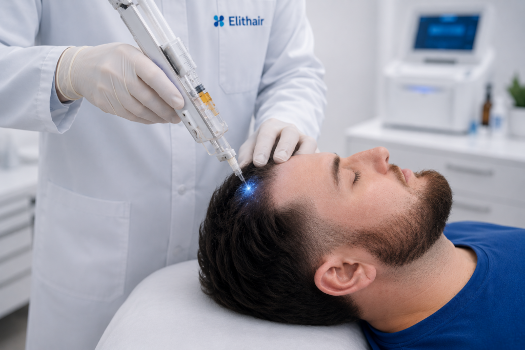 Arzt injiziert PRP mit der U225-Pistole in die Kopfhaut bei Elithair