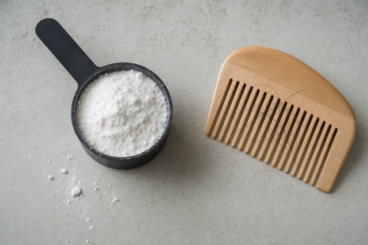 Creatin-Pulver im Messlöffel neben einem Holzkamm als Symbolbild zum Thema Creatin und Haarausfall