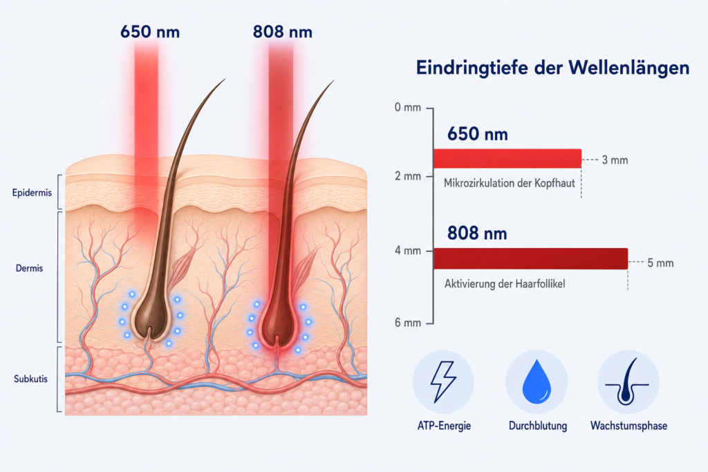 Medizinische Infografik der LLLT mit Querschnitt der Kopfhaut, zwei Lichtstrahlen 650 nm und 808 nm, sichtbaren Haarfollikeln und Eindringtiefen-Diagramm