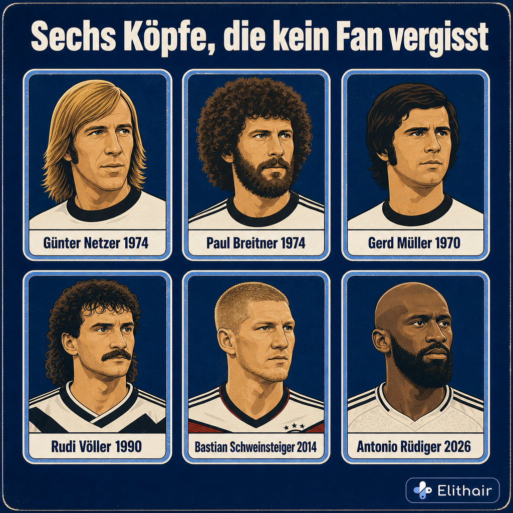 Galerie aus sechs stilisierten Sammelbild-Porträts im Retro-Look: Netzer-Mähne, Breitner-Lockenafro, Gerd Müller, Völler-Lockenmulli, Schweinsteiger-Buzzcut, Rüdiger mit Glatze und Vollbart, je mit Jahr und Name