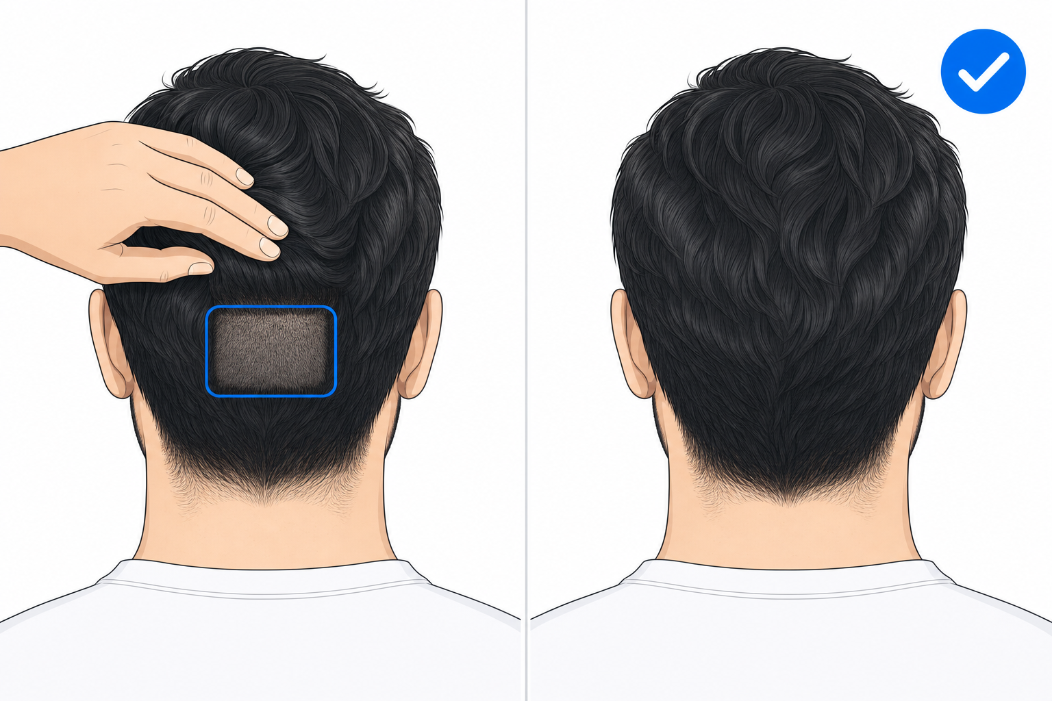 Haartransplantation ohne Rasur: diskrete Teilrasur am Hinterkopf, vom Deckhaar verdeckt