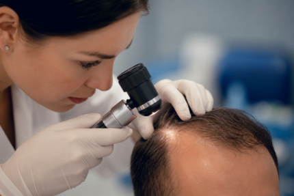 Dermatologe untersucht die Kopfhaut eines Patienten mit einem Dermatoskop