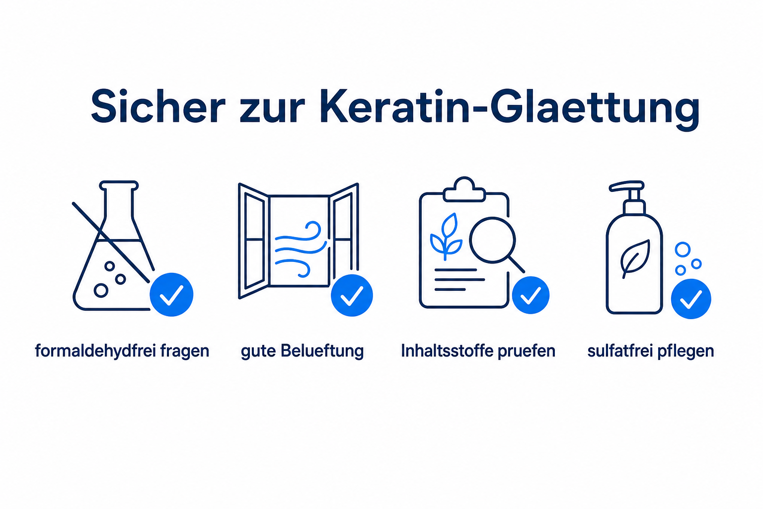 Checkliste-Grafik Sicher zur Keratin-Glaettung mit Hinweisen zu Formaldehyd, Belueftung und Pflege