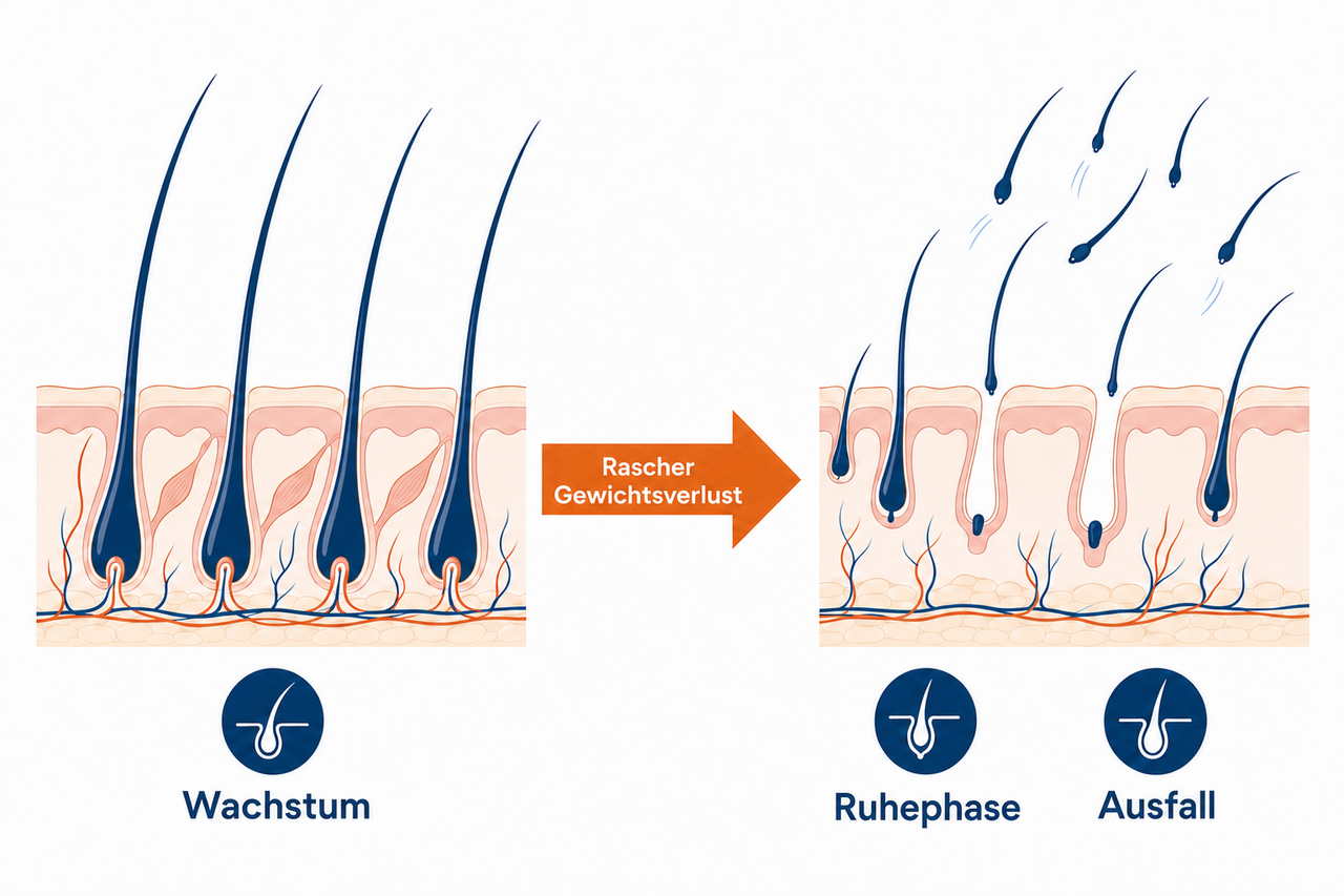 Infografik: rascher Gewichtsverlust unter GLP-1-Medikamenten verschiebt Haarfollikel von der Wachstums- in die Ruhephase und löst Telogenes Effluvium aus