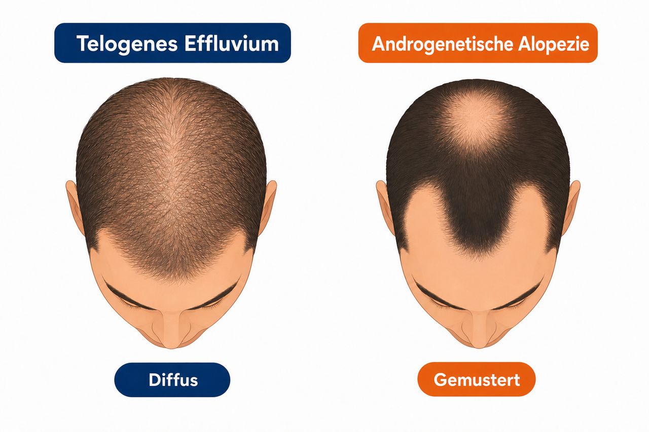 Vergleich: diffuses Telogenes Effluvium über die ganze Kopfhaut versus gemusterte androgenetische Alopezie an Geheimratsecken und Tonsur