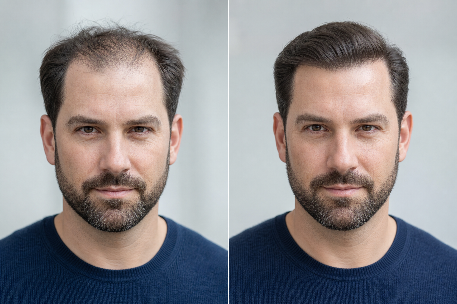 Vorher-Nachher-Vergleich nach einer Haartransplantation bei Elithair mit wiederhergestellter Haardichte