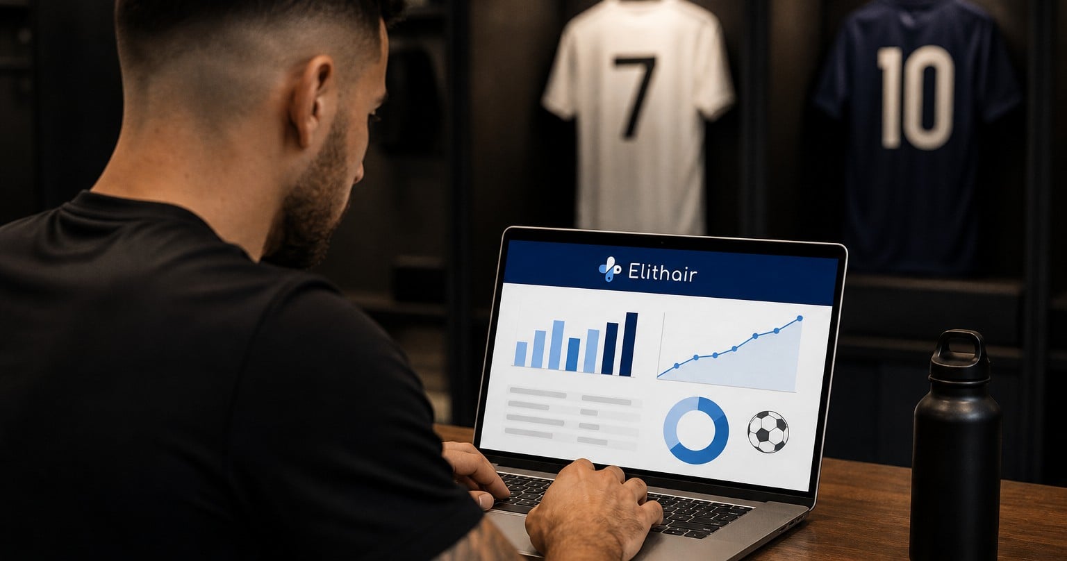 Fußballprofi analysiert Haar-Statistiken im Elithair-Dashboard am Laptop in der Kabine