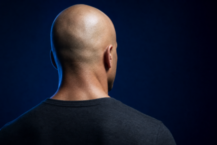 Mann mit frisch rasiertem, kahlem Kopf von hinten vor dunkelblauem Hintergrund