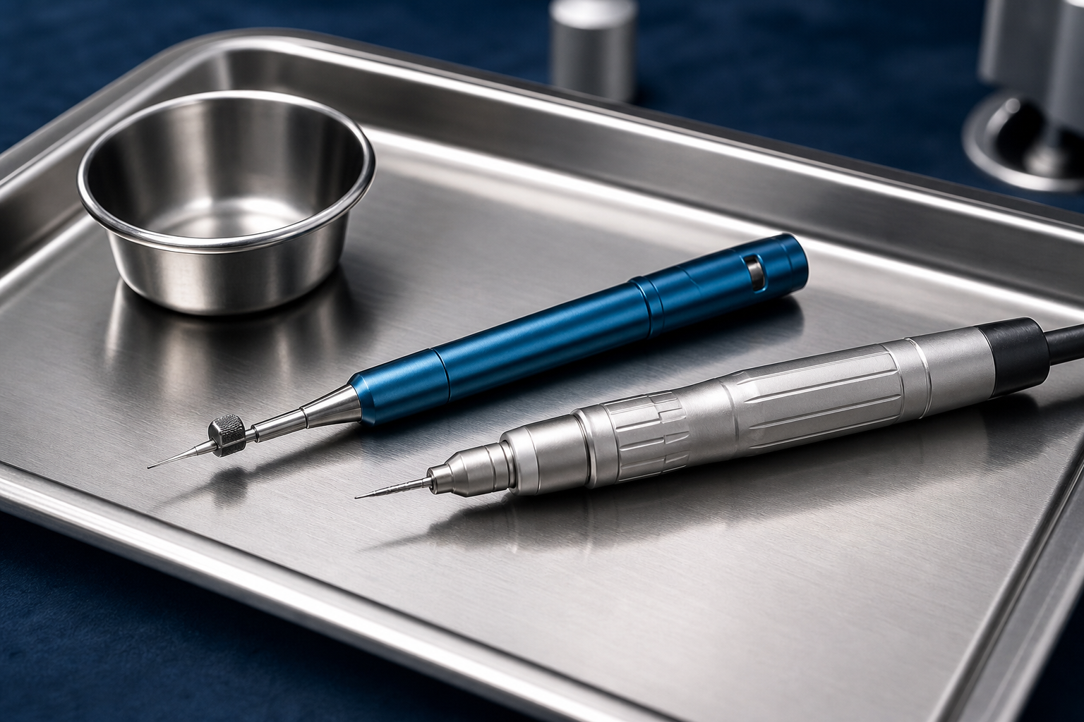 Instrumente einer Haartransplantation: Choi-Implanter-Pen und entnommene Grafts unter klinischer Beleuchtung