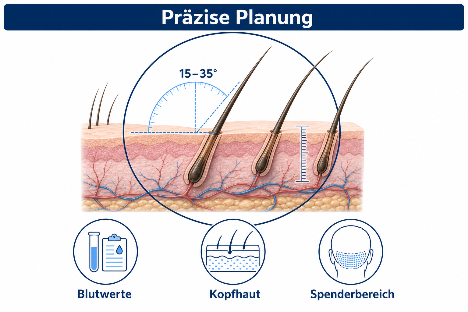 Präzise Planung einer Haartransplantation: Implantationswinkel 15 bis 35 Grad, Kopfhaut- und Spenderbereichsanalyse