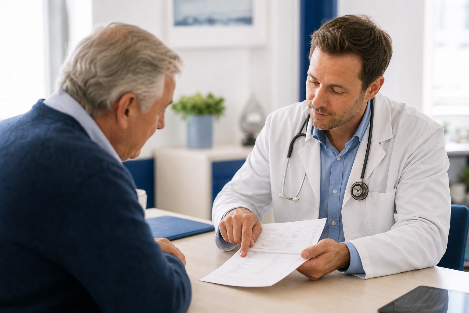 Ärztin und Patient besprechen gemeinsam die Medikamentenliste bei Verdacht auf Haarausfall durch Medikamente