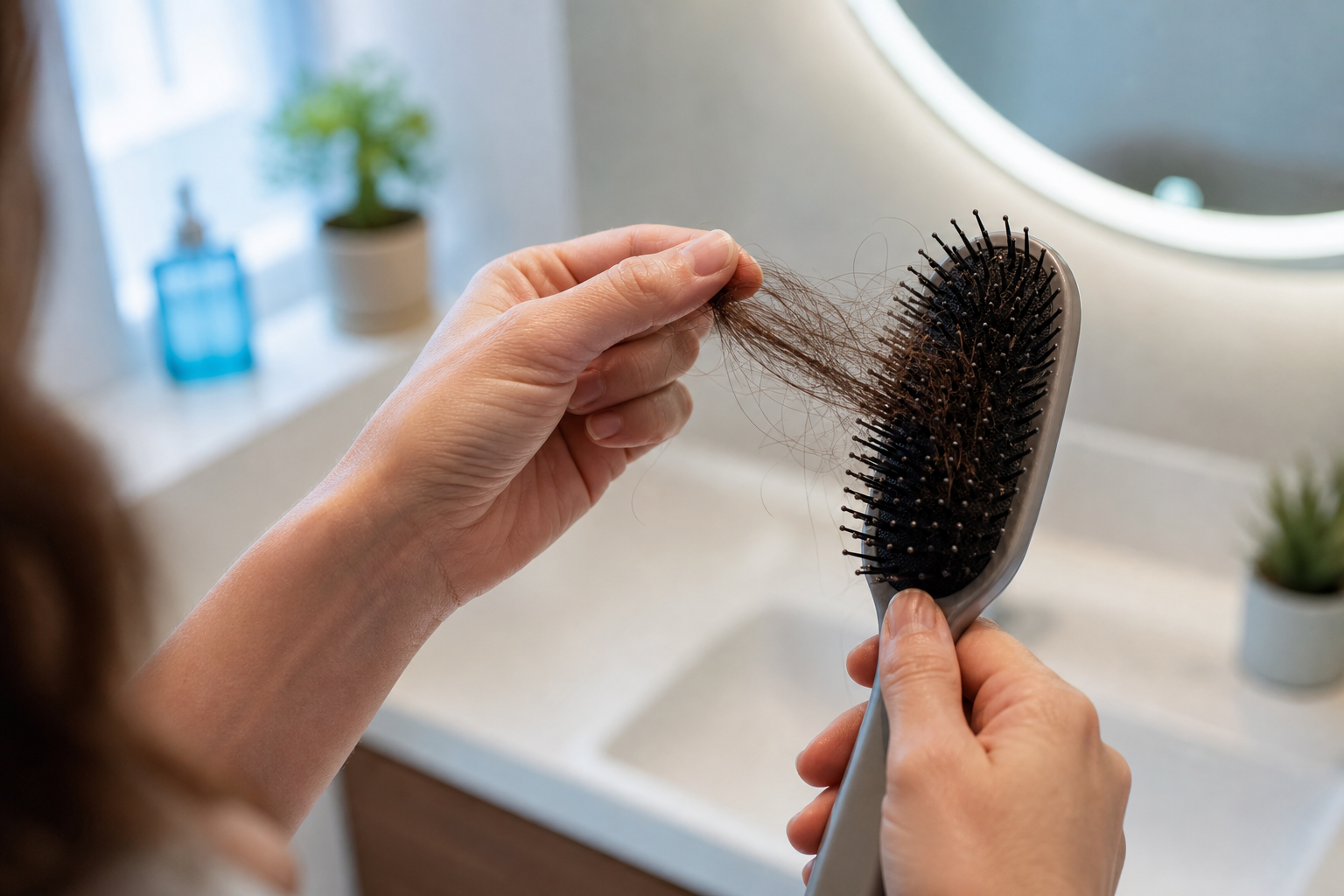 Person prüft ausgefallene Haare in der Haarbürste, um einen medikamentenbedingten Haarausfall zu erkennen