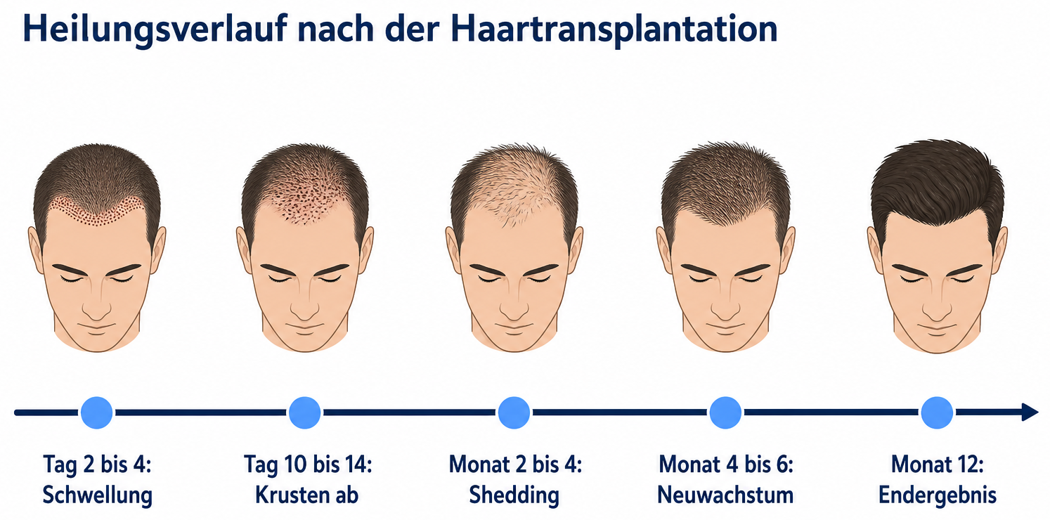 Zeitachse des Heilungsverlaufs nach der Haartransplantation von Tag 2 bis Monat 12