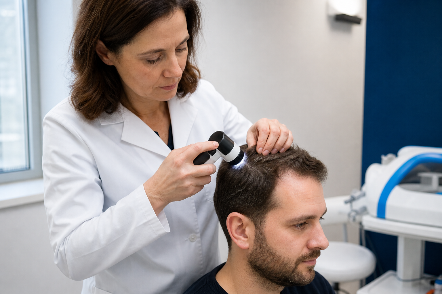 Dermatologin untersucht die Kopfhaut eines Patienten mit einem Dermatoskop