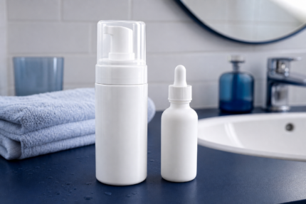 Unbeschriftete Minoxidil-Schaumdose und Pipettenflasche auf dunkelblauer Ablage