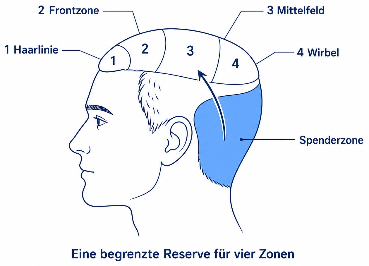 Diagramm: begrenzte Spenderzone am Hinterkopf versorgt vier nummerierte Empfängerzonen von der Haarlinie bis zum Wirbel