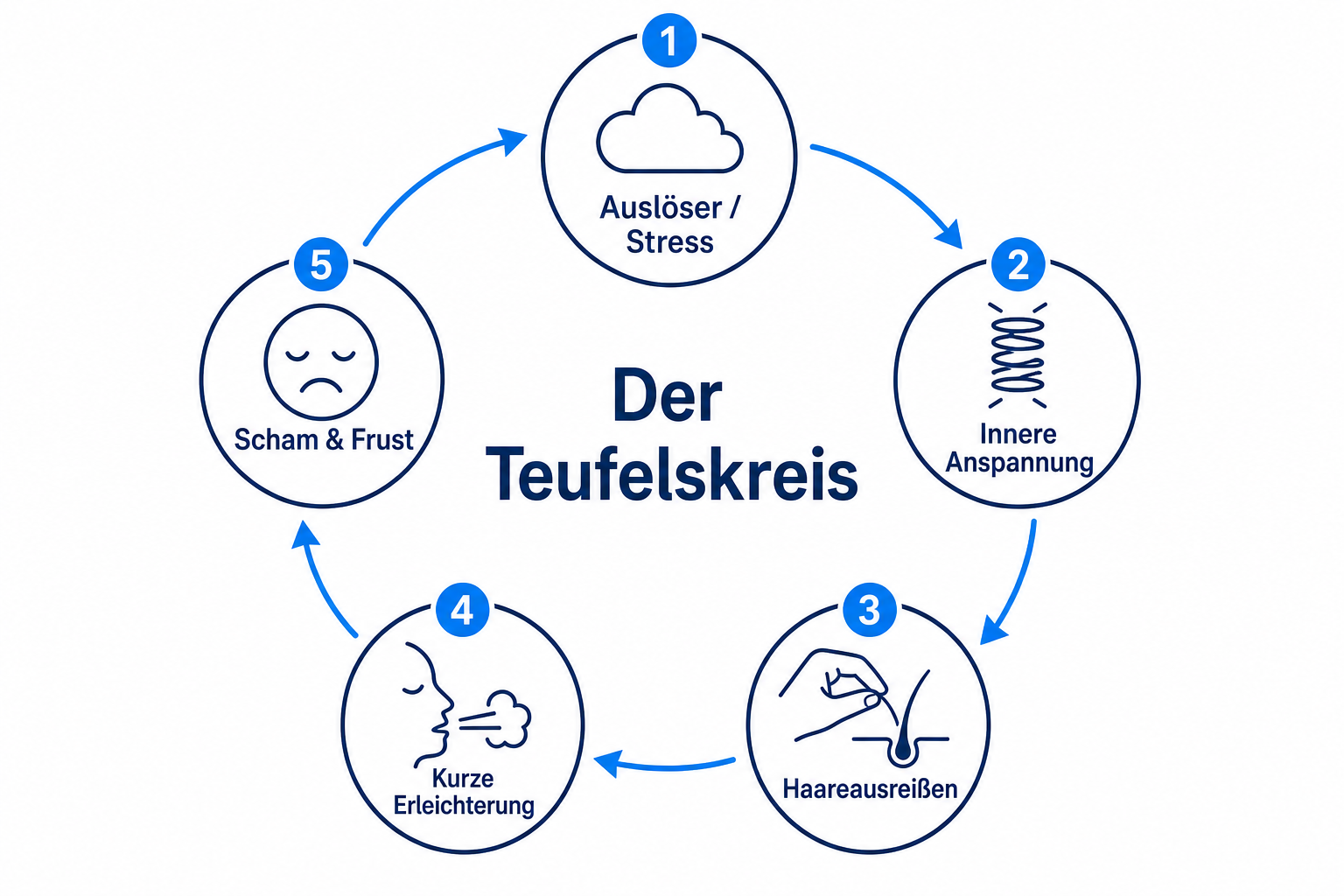 Kreislauf-Grafik zum Teufelskreis der Trichotillomanie: Auslöser, Anspannung, Ausreißen, Erleichterung, Scham