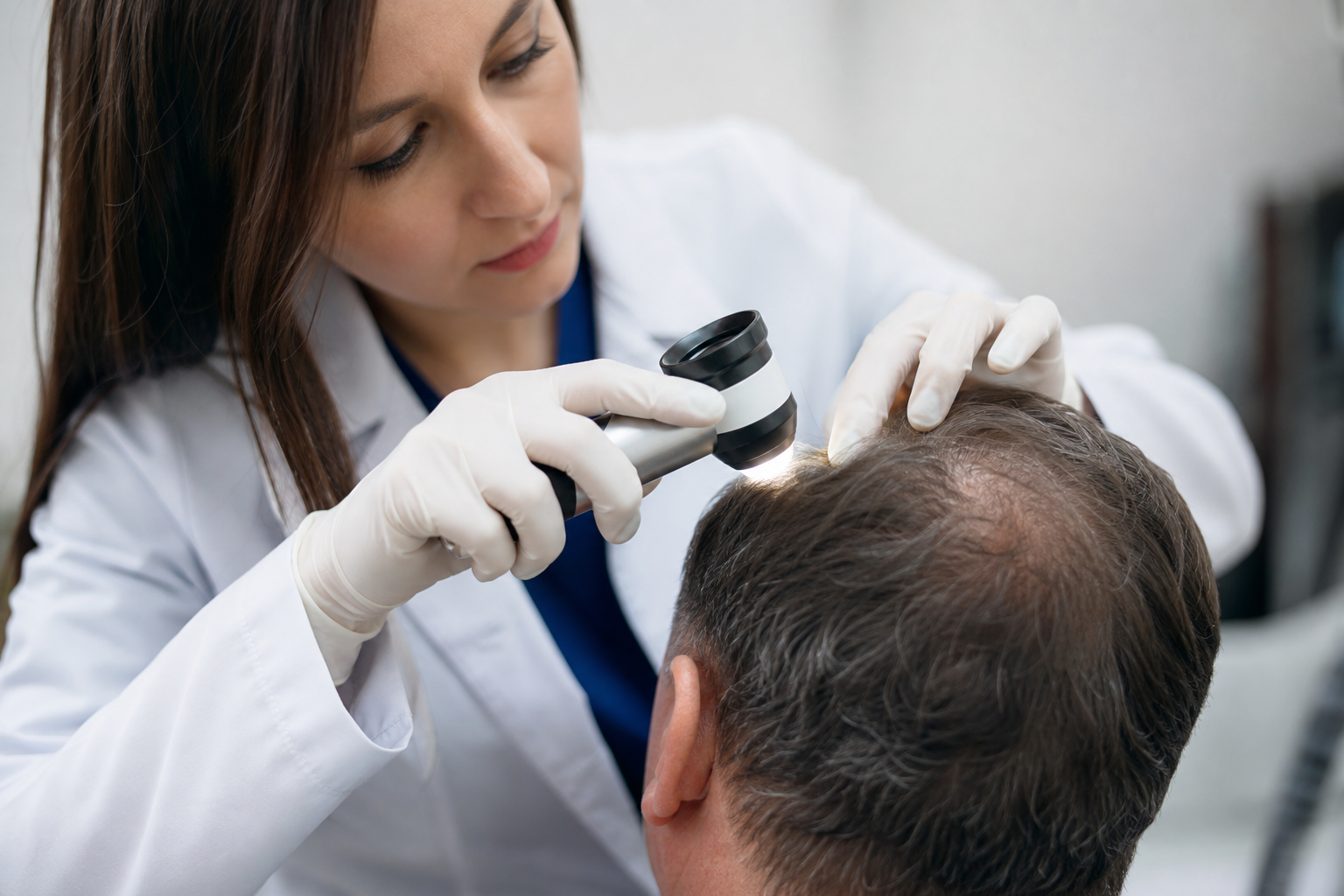 Dermatologe untersucht die Kopfhaut per Trichoskopie zur Diagnose von kreisrundem Haarausfall