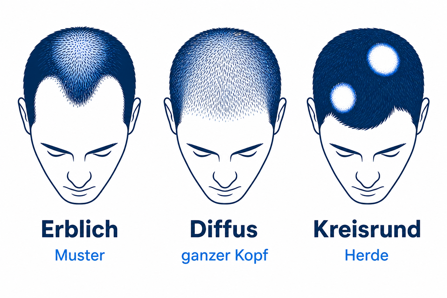 Infografik der drei Haarausfall-Typen erblich, diffus und kreisrund