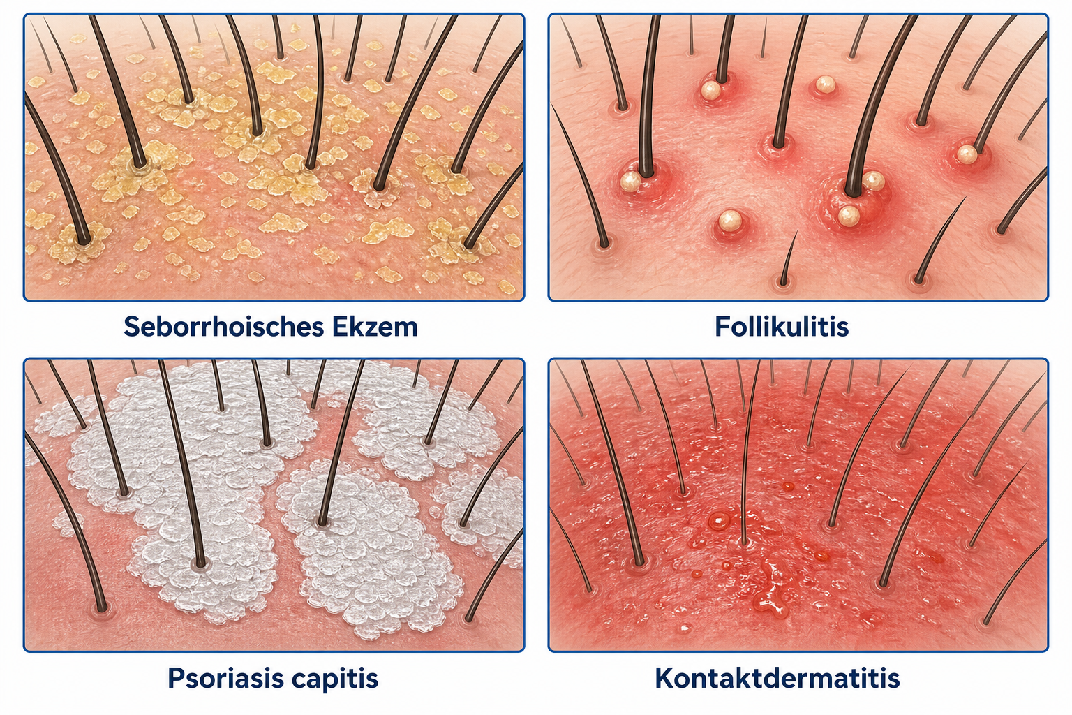 Vergleich der vier häufigsten Formen der Kopfhautentzündung: seborrhoisches Ekzem, Follikulitis, Psoriasis capitis und Kontaktdermatitis