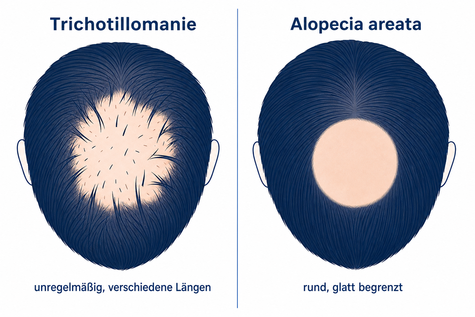 Vergleich Trichotillomanie und kreisrunder Haarausfall: unregelmäßige Stelle mit verschiedenen Haarlängen versus runde glatte kahle Stelle
