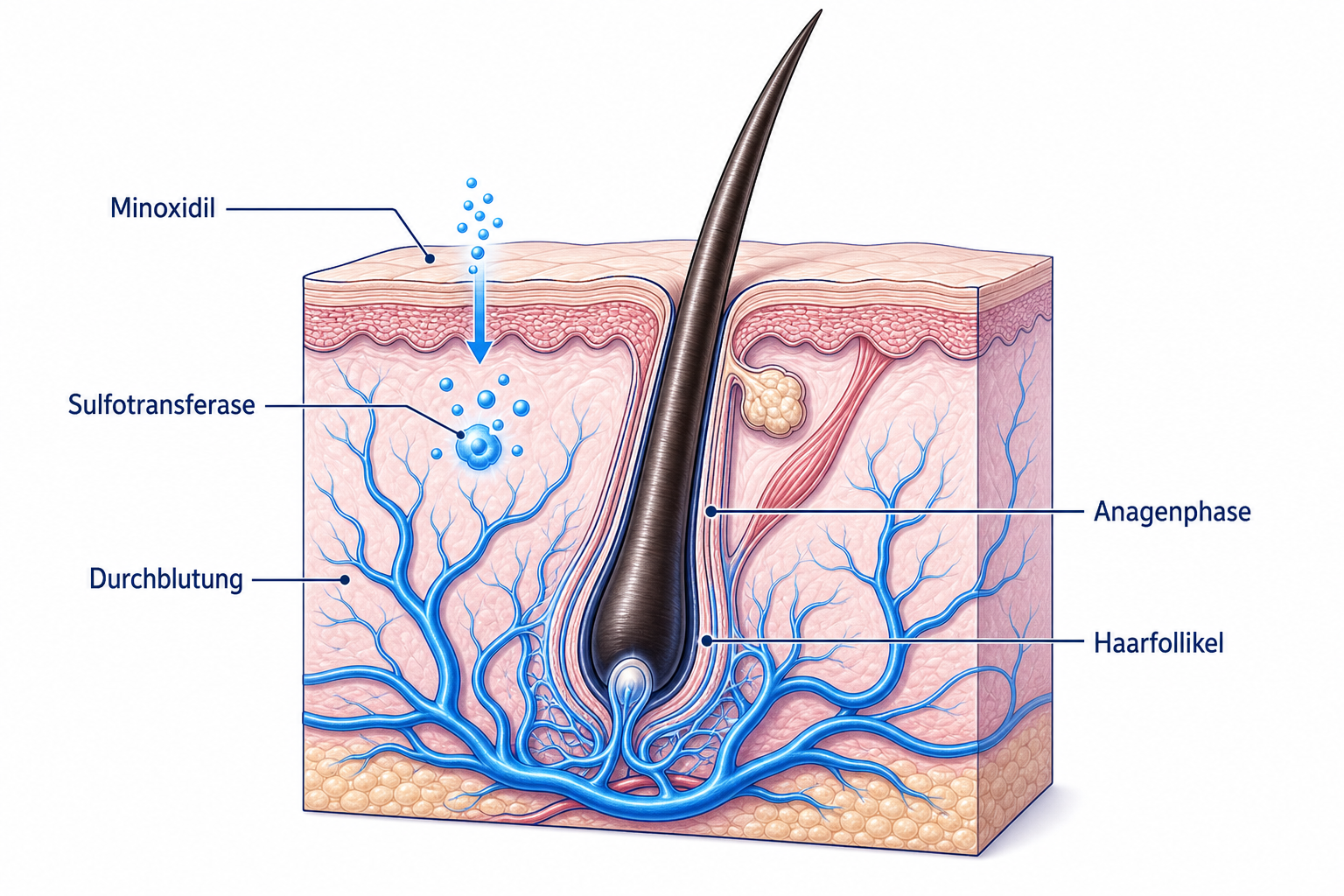 Illustration des Minoxidil-Wirkmechanismus am Haarfollikel mit erweiterten Blutgefäßen