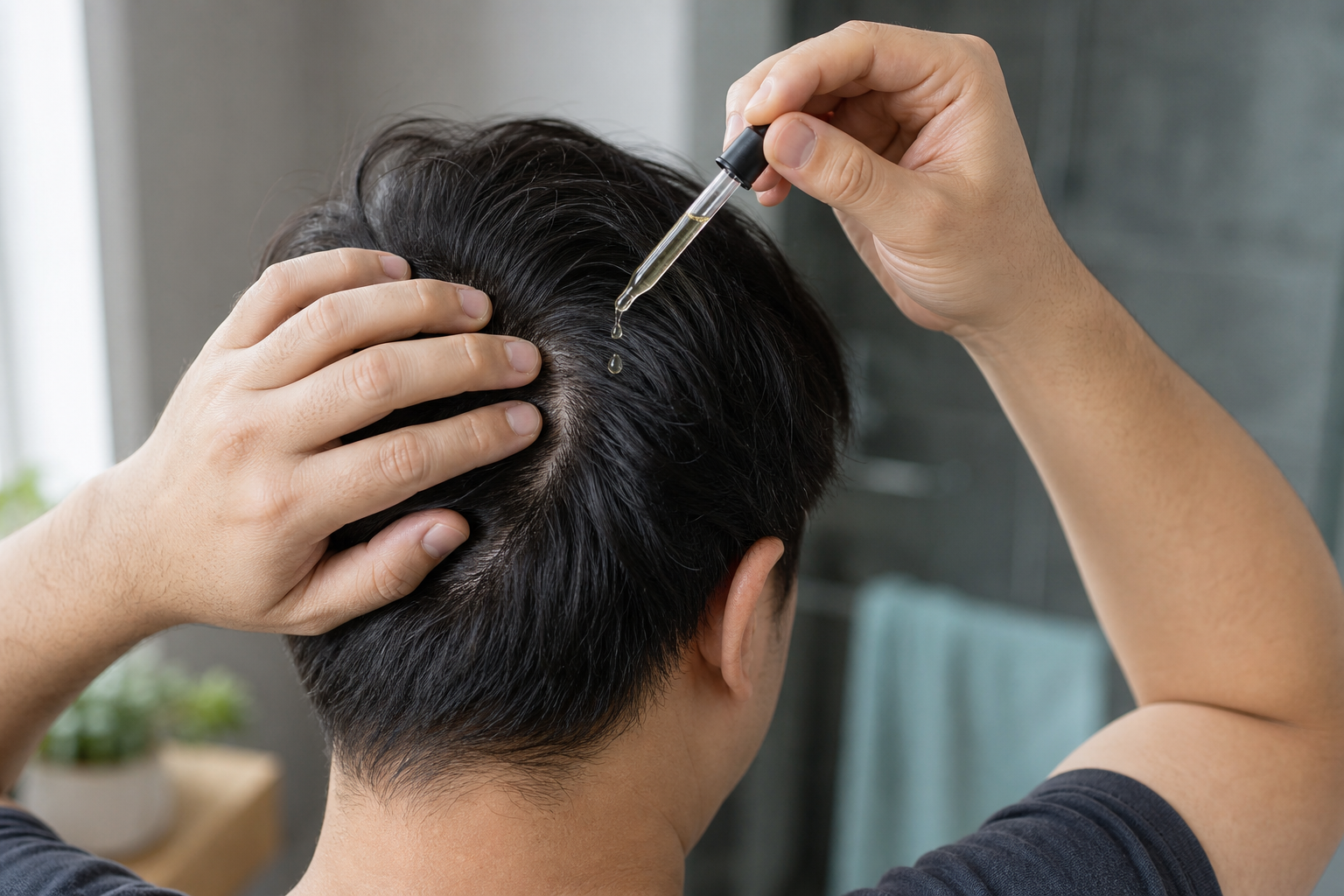 Person scheitelt das Haar mit einer Hand und trägt mit einer Pipette verdünntes Rosmarinöl auf die Kopfhaut auf