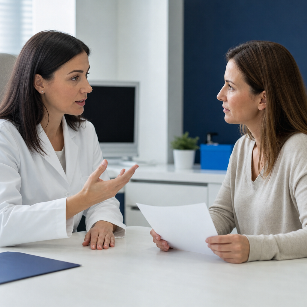 Dermatologin erklärt einer Patientin im Sprechzimmer die nächsten Schritte bei diffusem Haarausfall