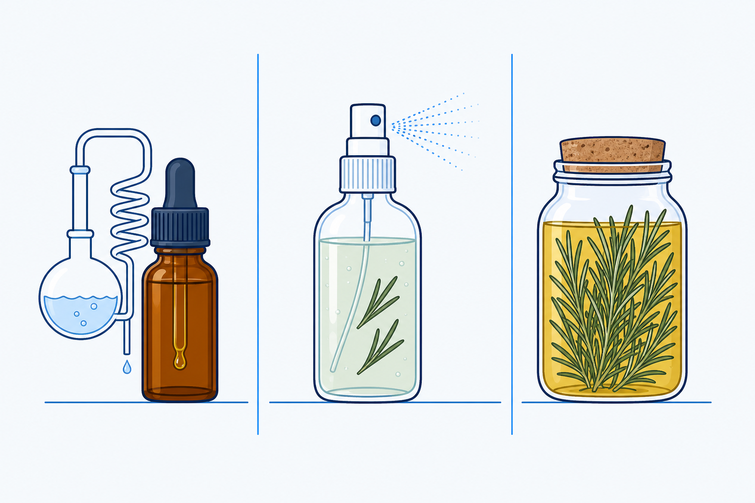 Illustration der drei Rosmarin-Zubereitungen: ätherisches Öl, Rosmarinwasser im Sprühflakon und Ölauszug im Glas