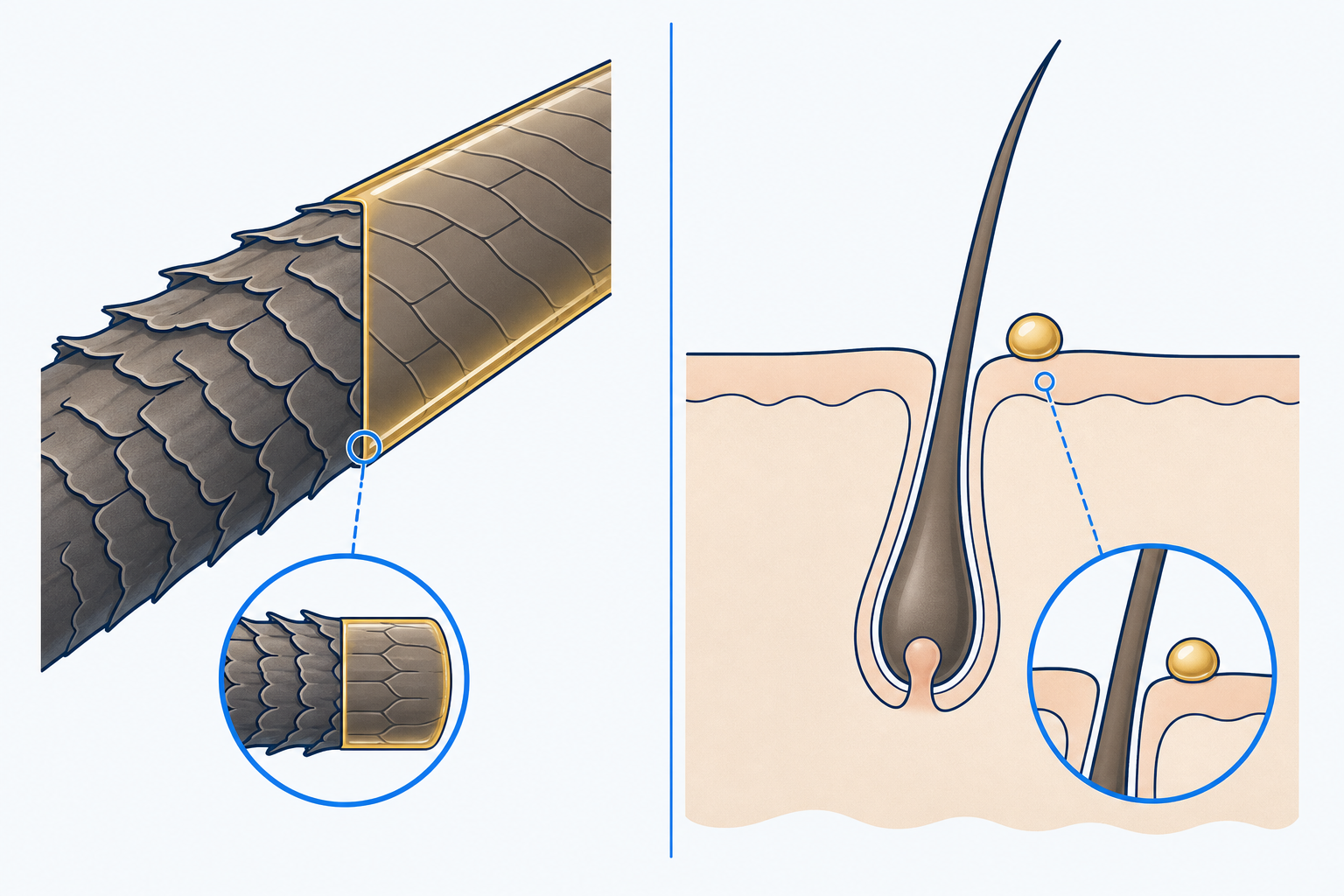 Illustration des Unterschieds: Pflegeöl legt sich um die Haarfaser, während ein Wirkstoff am Follikel in der Kopfhaut ansetzen müsste