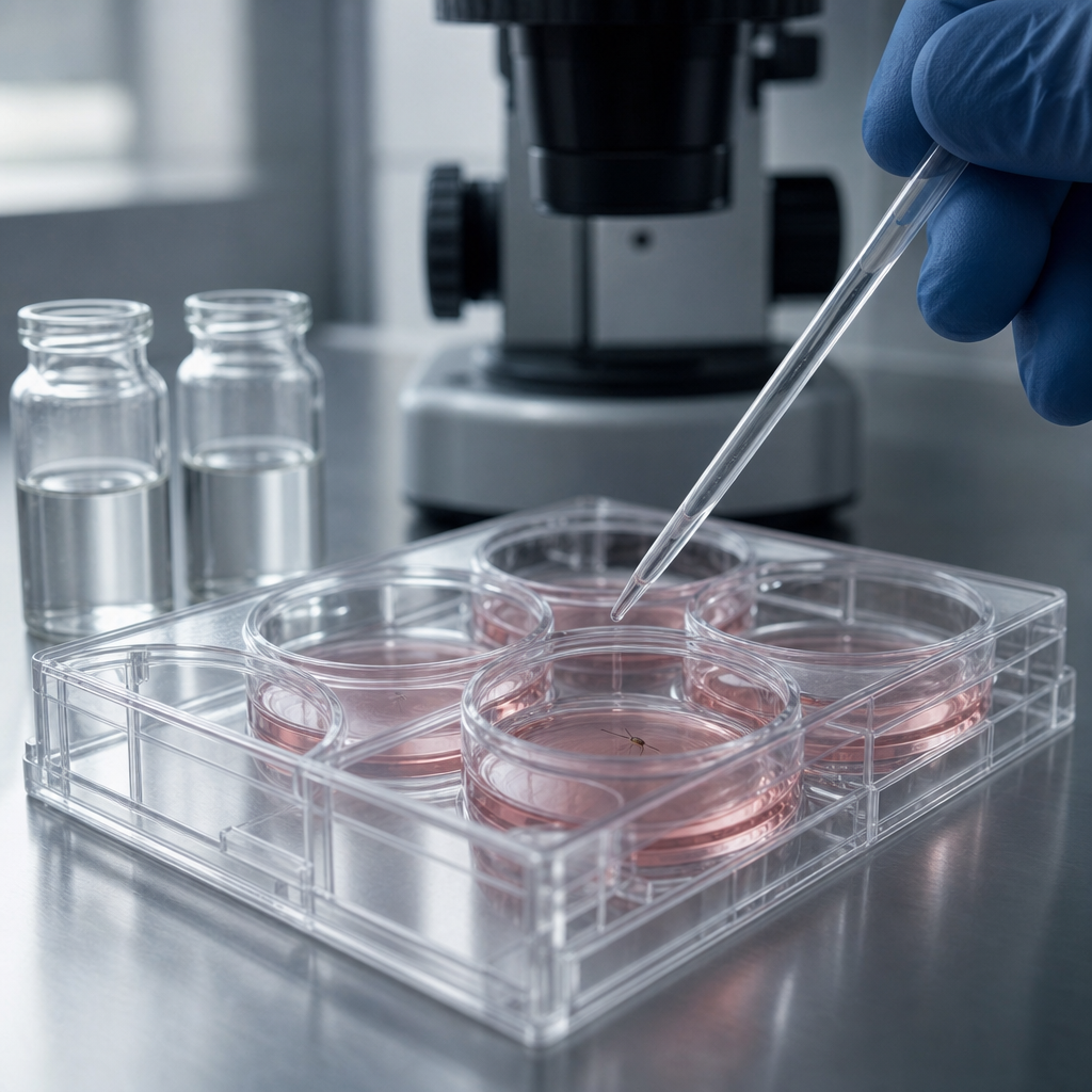 Laboraufnahme: einzelne isolierte Haarfollikel in einer Kulturplatte mit rosa Nährmedium, daneben eine Pipette in behandschuhter Hand