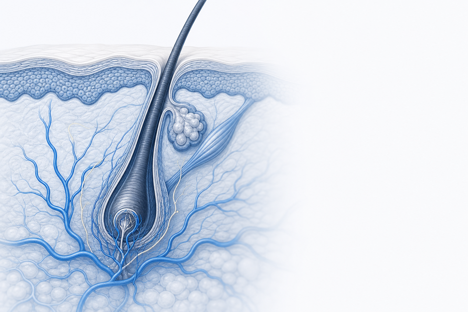 Illustration eines Haarfollikels im Kopfhautquerschnitt mit den umgebenden Kapillaren, die ihn mit Nährstoffen versorgen