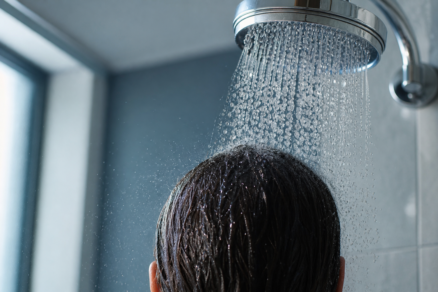 Klares Wasser strömt aus einem Duschkopf auf dunkles nasses Haar, Sinnbild für hartes Wasser und die Haare