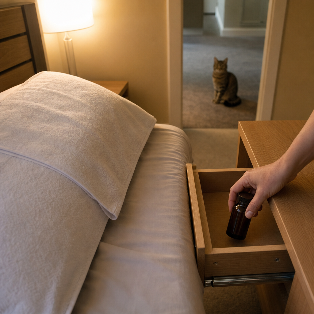 Bett mit handtuchbedecktem Kissen, verschlossenes Fläschchen mit ätherischem Öl außer Reichweite auf dem Nachttisch und eine Katze am Boden davor