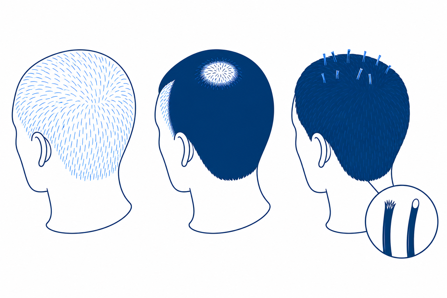 Illustration: drei Kopf-Silhouetten im Vergleich mit diffuser Ausdünnung, Geheimratsecken mit lichtem Wirbel und Haarbruch, dazu Lupendetail von abgebrochenem Haar und Haar mit Wurzelknötchen