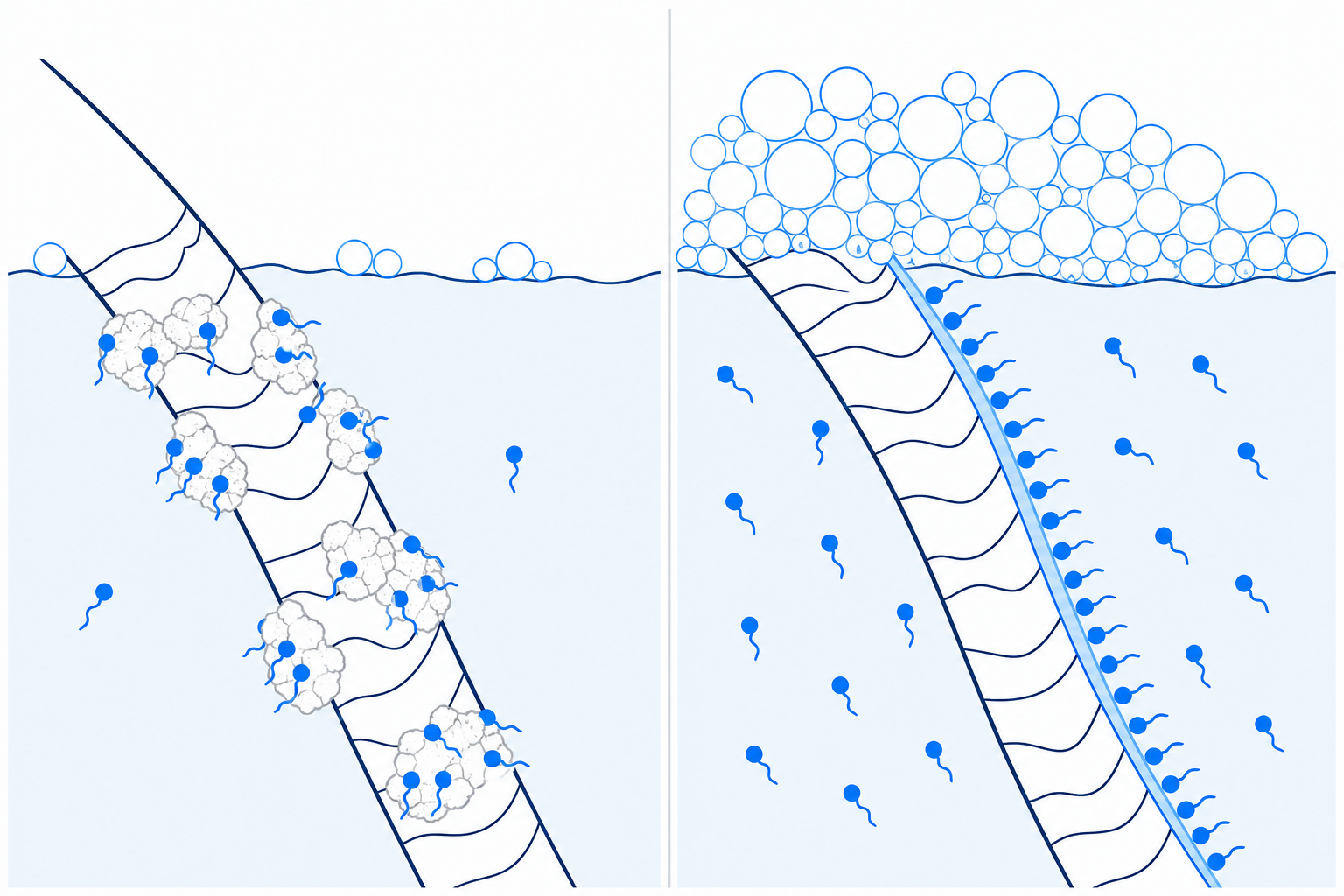 Illustration: in hartem Wasser bindet ein Teil der Waschsubstanz als Kalkseife, in weichem Wasser bleibt sie aktiv und schäumt stark