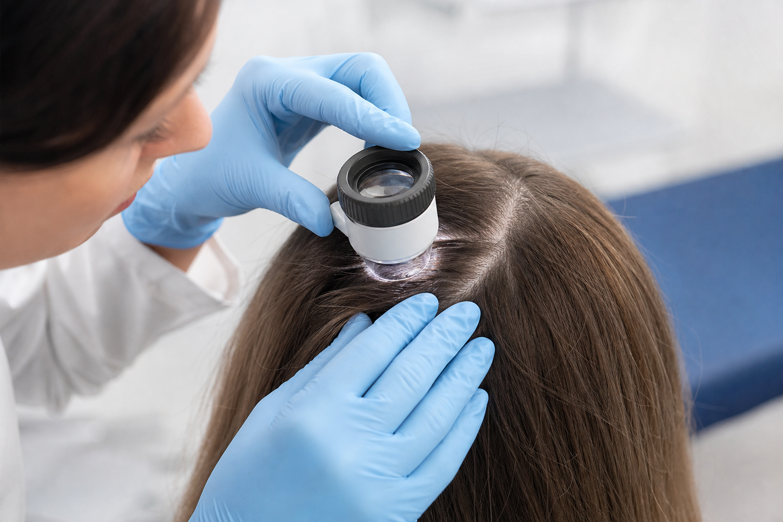 Dermatologin setzt ein Dermatoskop auf die gescheitelte Kopfhaut einer Patientin auf