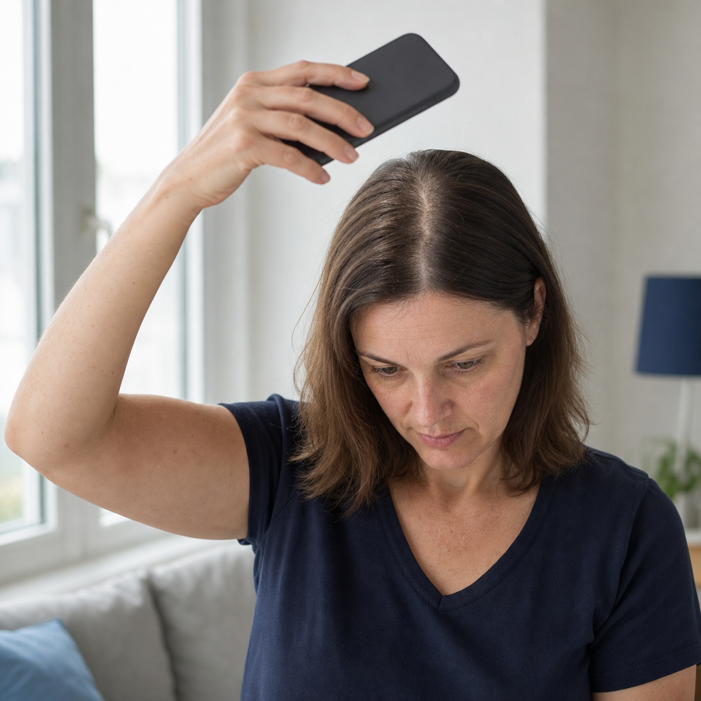 Frau fotografiert ihren Scheitel bei Tageslicht mit dem Smartphone für die Verlaufsdokumentation