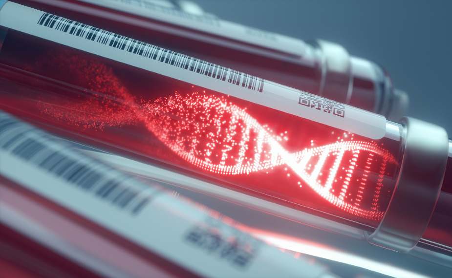 ADN Viales de sangre con cadena de ADN luminosa