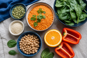 Alimentos ricos en hierro como lentejas, espinacas, semillas de calabaza y pimiento como fuente ante la carencia de hierro y la caída del cabello