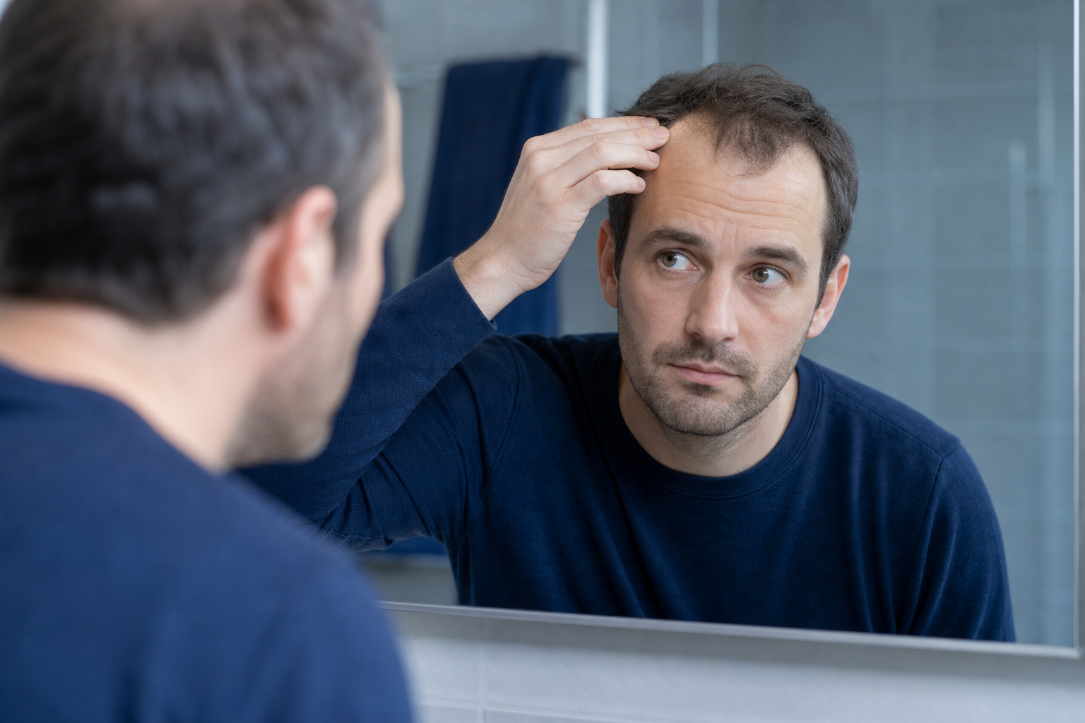 Hombre observa en el espejo su entrada del cabello cada vez más despoblada