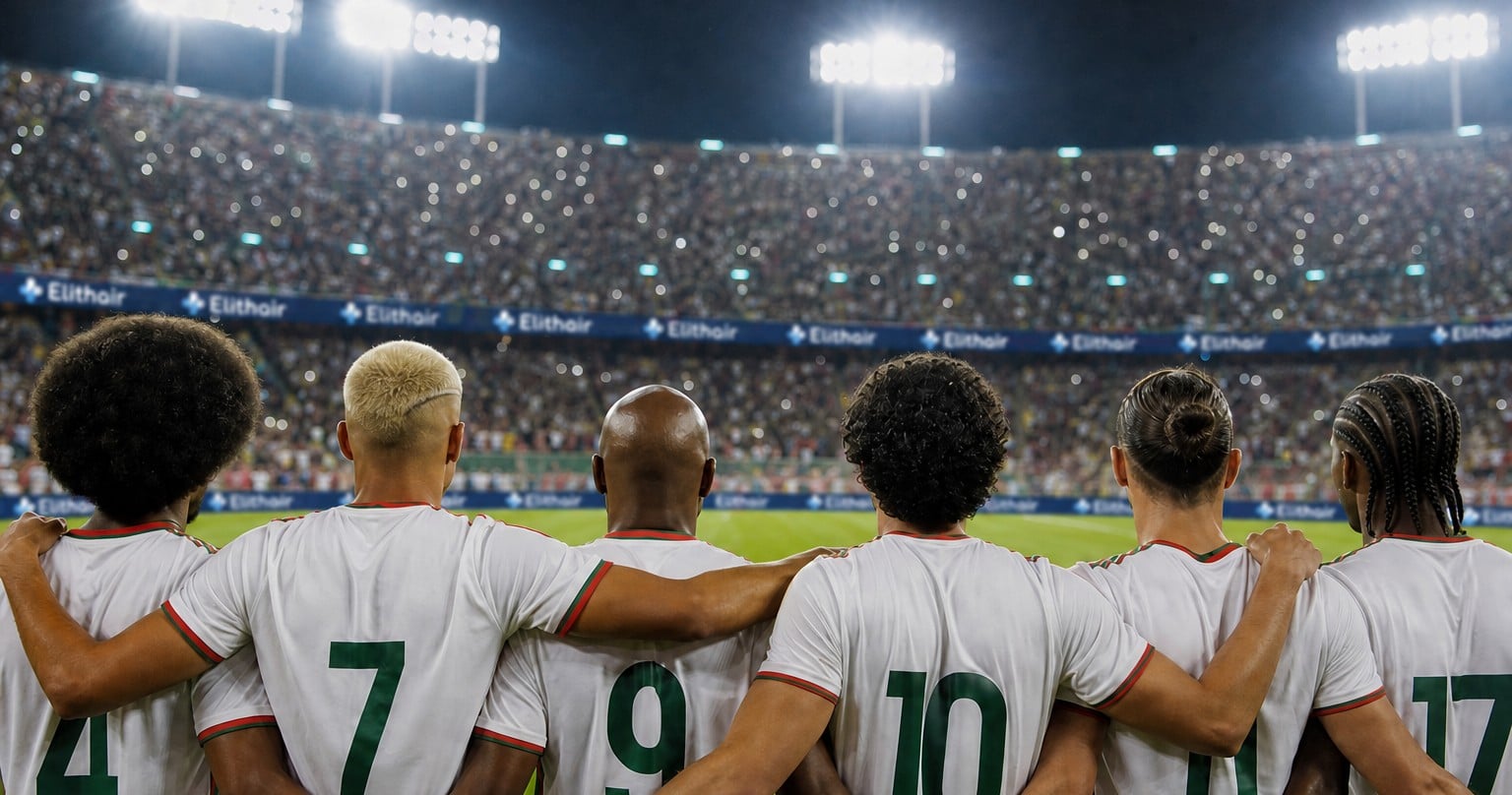 Futbolistas abrazados durante el himno en un estadio del Mundial, seis peinados distintos vistos desde atrás