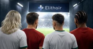 Cuatro jugadores con peinados de tendencia caminando por el túnel del estadio