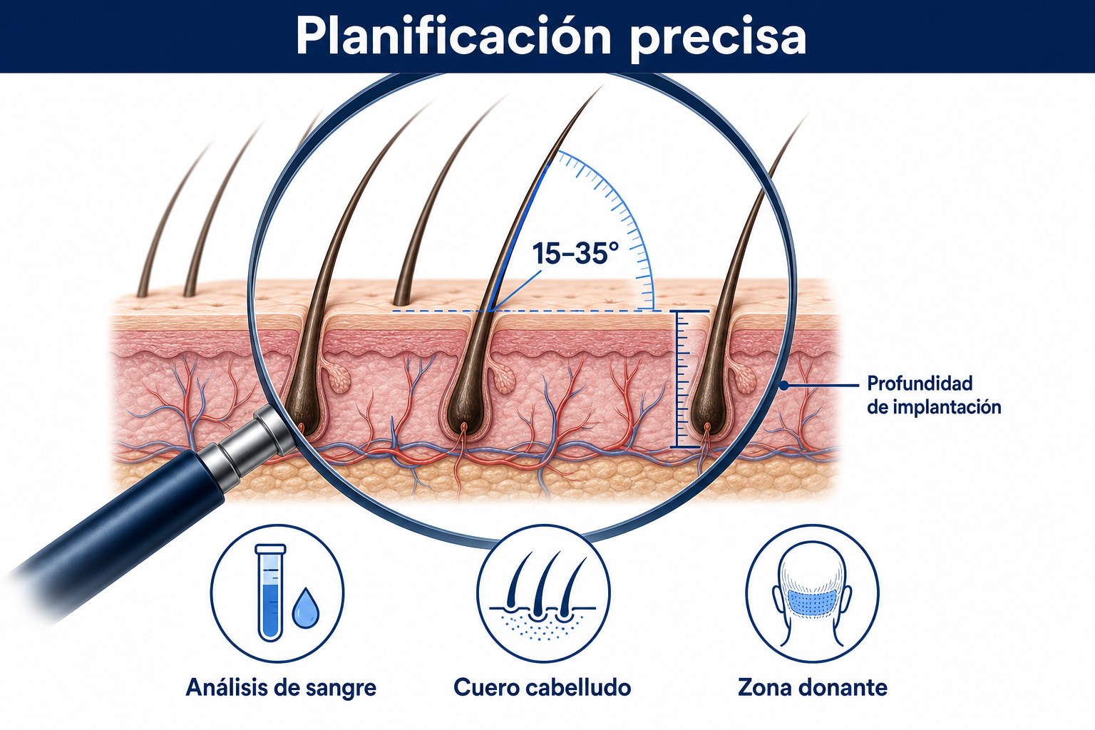 Planificación precisa de un injerto capilar: ángulo de implantación de 15 a 35 grados, análisis del cuero cabelludo y de la zona donante