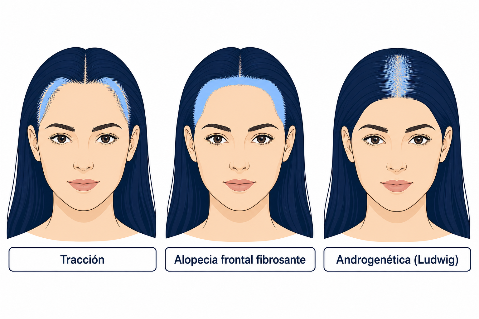 Tres diagramas de cabeza femenina comparados: tracción, alopecia frontal fibrosante y patrón androgenético de Ludwig