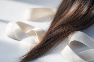 Gesunde glänzende Haarsträhne liegt auf einem Maßband, Symbol für die Frage wie schnell Haare wachsen