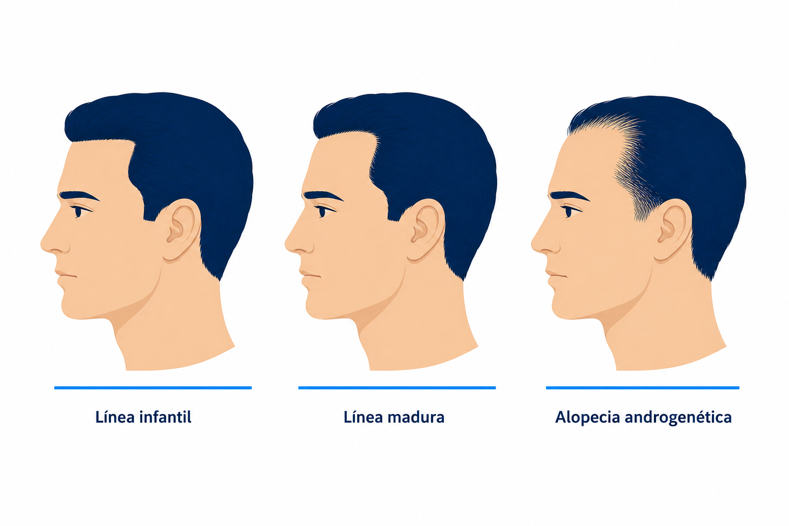 Tres perfiles de cabeza comparados: línea del cabello infantil, línea del cabello madura y alopecia androgenética