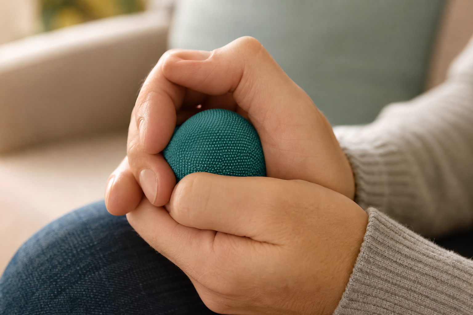 Unas manos aprietan una pelota antiestrés como respuesta competidora frente al impulso de arrancarse el pelo en la tricotilomanía